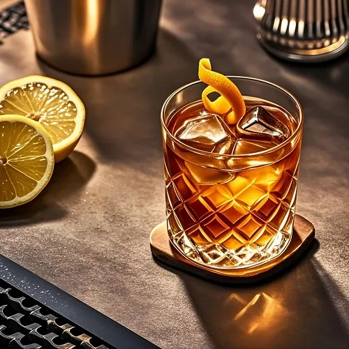 Old Fashioned cocktail with whiskey, sugar, bitters, and orange garnish in a rocks glass.